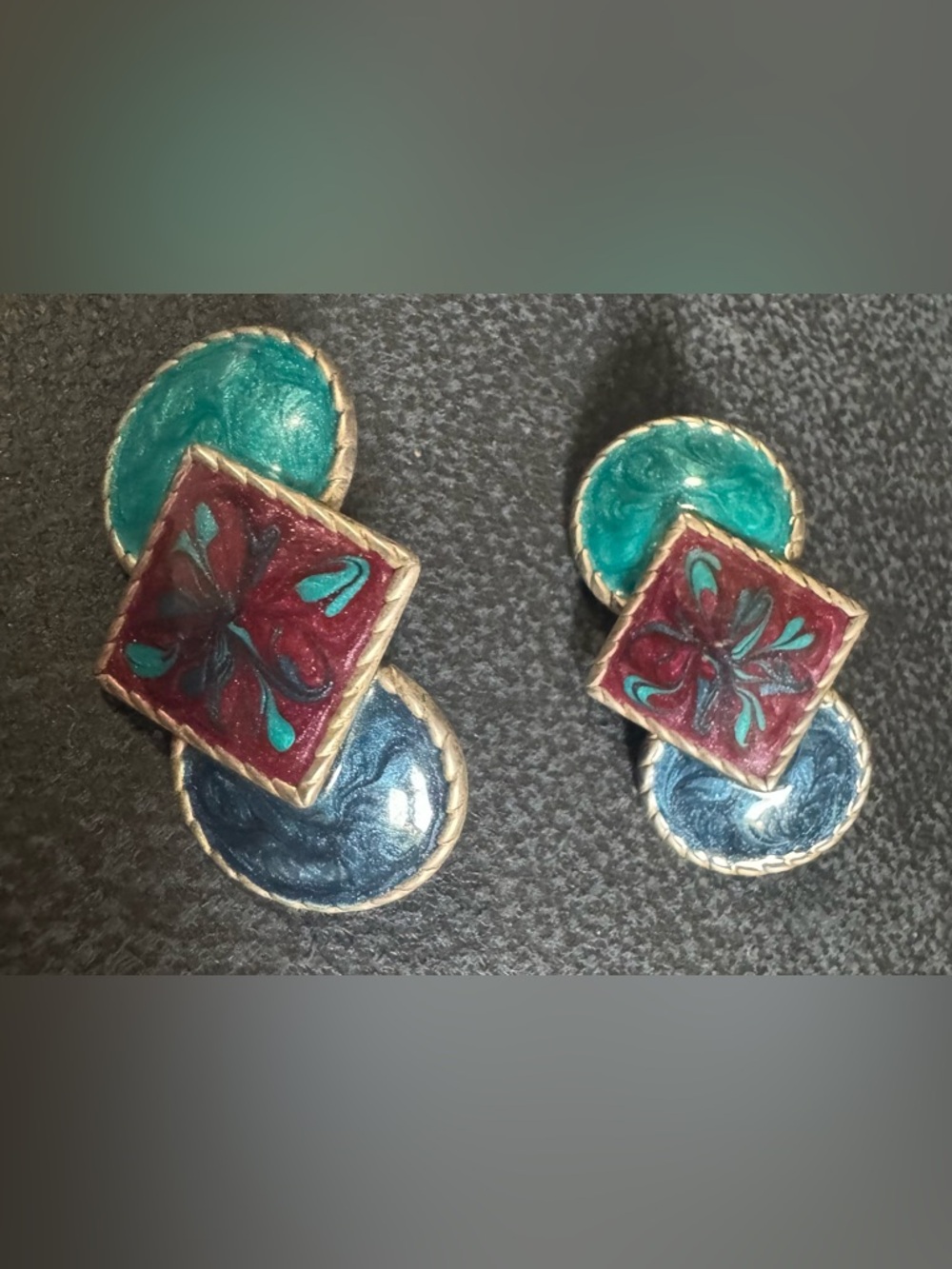 Handcrafted Multicolor Enamel Drop Earrings - Teal, Burgundy & Navy